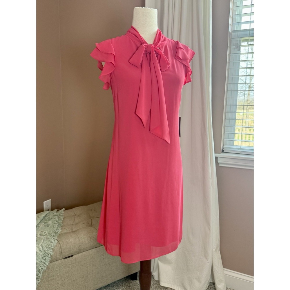 Vince Camuto Pink Tie Neck Dress Size 6 NWT Ruffle Sleeve Shift Dress NWT $138
